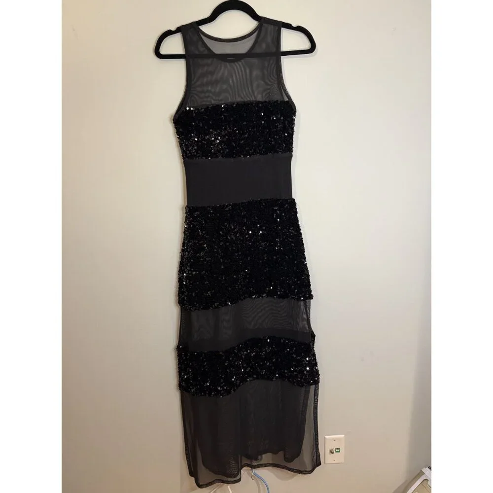 Mandinga Lento Sequin Maxi Dress Black Sheer Womens Size Small $370 [jb]